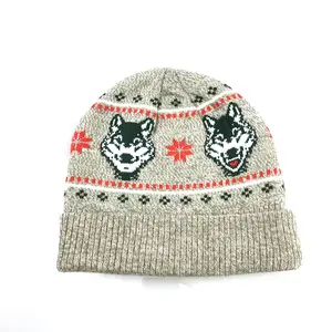 Wholesale Embroidery Cuff Beanie Knitted Beanie Winter Hat Jacquard Beanie Wolves Pattern Fashion Design