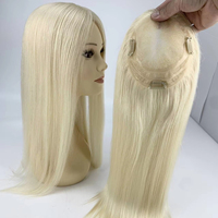 Topper pour femme en cheveux humains vierges Remy blond platine, base mono, volume complet, à clips, avec dentelle