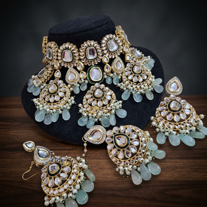 Magnifique ensemble collier et boucles d'oreilles en laiton plaqué or 14 carats, style Kundan Jaypuri, pour mariage et fiançailles indiens, prix bas, M Creation - Product Image 3