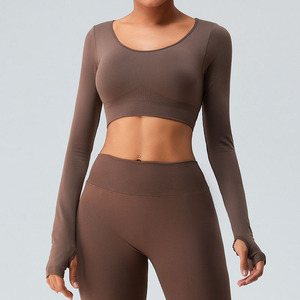 Hauts sans couture à manches longues, extensibles dans les 4 sens, col rond, hauts d'entraînement actifs évacuant la sueur, <span class=keywords><strong>dos</strong></span> nu, hauts de yoga avec trou pour les pouces - Product Image 2