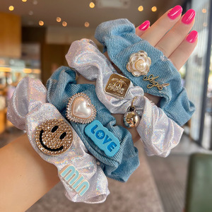 Cao bồi tóc quan hệ đàn hồi màu trắng và màu xanh tóc scrunchies Nụ cười khuôn mặt kim loại bạc tóc tạo kiểu tóc và trang điểm ứng dụng SP237 - Product Image 1