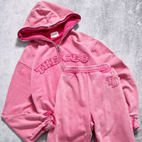 Produsen Pakaian Wanita Custom Vintage Acid Wash Cotton Cropped Zip Hoodie Sweatpants Set 2 Potong Tracksuit Musim Dingin
