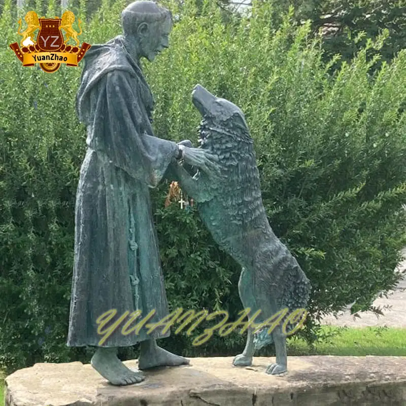 Наружное украшение церковного сада, в натуральную величину, религиозная бронзовая фигура, скульптура, бронзовая статуя Святого Франциска с волком