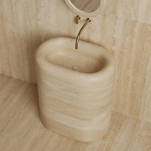 Lavabo da bagno autoportante in travertino massiccio a forma di rettangolo arrotondato, modello Dream Home Viral - Product Image 2