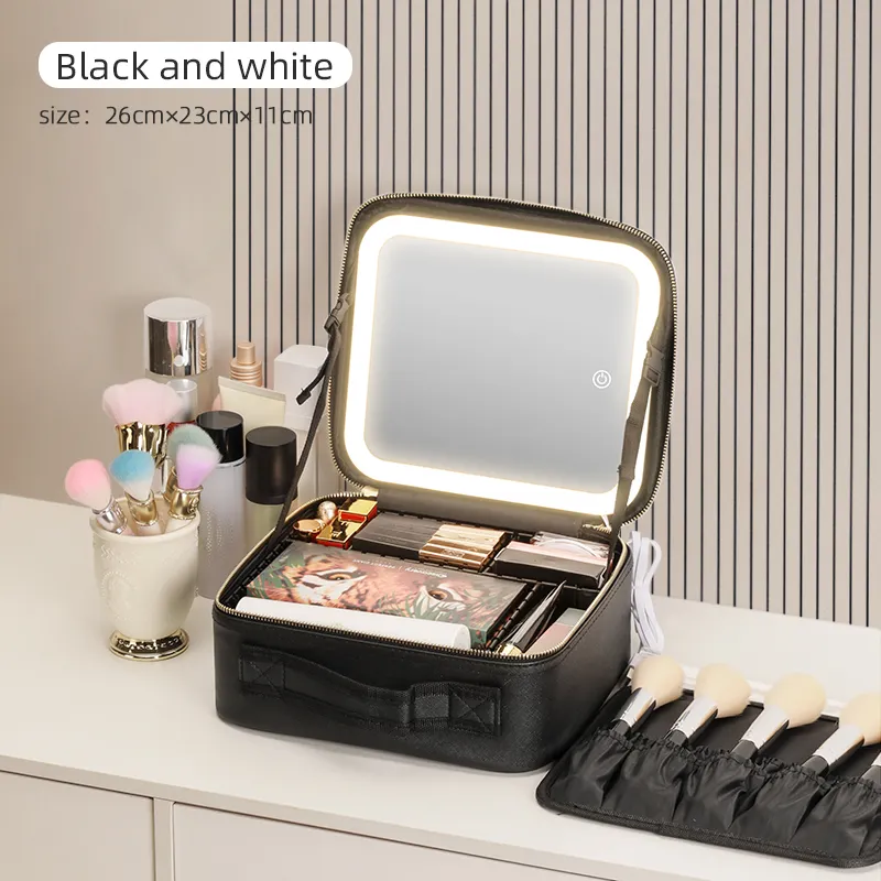 new large capacity desktop cosmetic storage box waterproof leather travel portable makeup bag case with LED light mirror