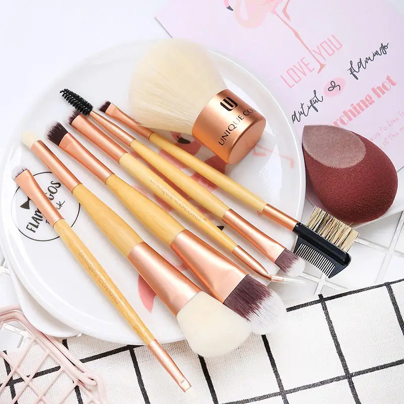 Private Label Foundation Flocking Cosmetic Sponge Blender 8 Pcs Bamboo Loose Powder Makeup Brushes Set Blush Kabuki Brush