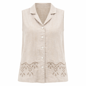 Camicetta da <span class=keywords><strong>Donna</strong></span> Personalizzata in Misto Lino e Cotone <span class=keywords><strong>Beige</strong></span> con Ricamo Traforato, Colletto a Revers, Senza Maniche, con Bottoni, alla Moda - Product Image 3