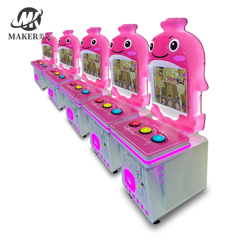 Oyun bölgesi pembe/sarı/mavi çocuklar jetonla çalışan düğme makinesi oyun salonu oyun makinesi alışveriş merkezi için