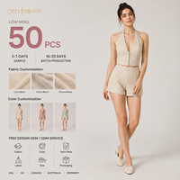 Ensemble deux pièces élégant beige à pois pour femme, style halter, coupe courte, idéal pour les vacances d'été, personnalisable OEM, marque privée