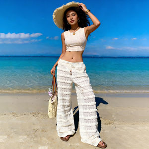 Pantalones de Playa para Mujer, Nuevo Modelo 2026, con Parches de Encaje, Color Sólido, Casuales, Transpirables, Ecológicos, Corte Bootcut, con Cordón Ajustable - Product Image 2