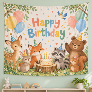 Tapisserie murale Joyeux Anniversaire en polyester imprimé, design rectangulaire à motif de dessin animé, décoration pour fête et célébration - Product Image 3