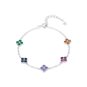 S925 Silver Flower Shape <b>Bracelet</b> With Colorful Zircon Stones Prong Setting Chain Link Women's <b>Cute</b> Everyday Wear Jewelry - Product Image 1