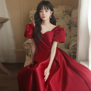 Burgundy Satin Evening Dress Square Neck A-Line Vintage Mid Length For Engagement Party Host - Product Image 5