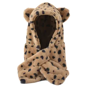 ZY210 Winter Ear Protection Neck Warm Fur Hat Women Leopard Print Plush One-piece Hat Scarves
