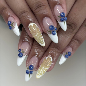 Conception française d'amande citron <span class=keywords><strong>myrtille</strong></span> ongles artificiels mignon dessin animé motif de fruits moyen Nail Art presse sur les ongles - Product Image 4