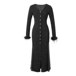 ZYHT 40164 oro nero Maxi abito Casual a collo singolo a manica lunga da donna in maglia <span class=keywords><strong>con</strong></span> <span class=keywords><strong>spacco</strong></span> anteriore abito sirena <span class=keywords><strong>con</strong></span> pelliccia - Product Image 5