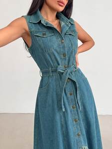 Robe Longue d'Été Décontractée Euro-Américaine <span class=keywords><strong>en</strong></span> <span class=keywords><strong>Jean</strong></span> Droit <span class=keywords><strong>Taille</strong></span> <span class=keywords><strong>Haute</strong></span> Sans Manches Tendance à Bord Brut Irrégulier Couleur Unie - Product Image 1