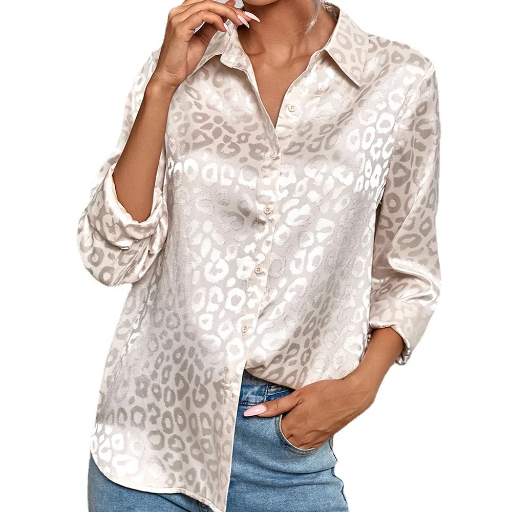 women's leopard pattern button t-shirts long sleeve button down shirt women