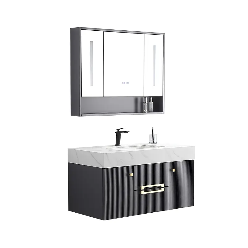 Modern Wall Mounted Wooden Storage Cabinet Furniture LED Mirror Bathroom Vanity with Marble top