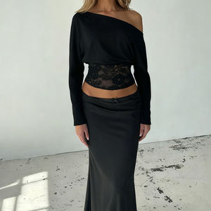 Y2K hot girl fashion <b>sexy</b> off-shoulder lace paneled solid color slim-fit long-sleeve versatile and figure-flattering <b>T</b>-<b>shirt</b> - Product Image 2