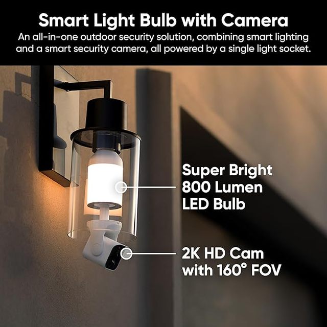 Bulb Cam Security Camera, 2K HD Outdoor Light Bulb Camera, Color Night Vision, Dimmable LED Bulb, Motion Detection, Siren