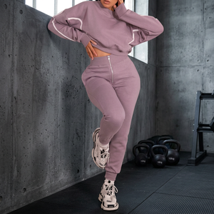 Ensemble de survêtement décontracté pour femme, couleur mauve, sweat-shirt à manches longues et col rond, pantalon de survêtement à fermeture éclair, tenue deux pièces - Product Image 4