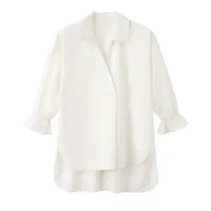 Designer 2024 Damen Baumwollblusen Off-Schulter V-Ausschnitt Pullover mit Knopf Dekoration solide weiß XL-Größe langes Outfit