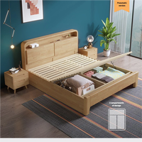 Lit simple et double en bois massif de style nordique minimaliste moderne avec tête de lit moelleuse et rangement