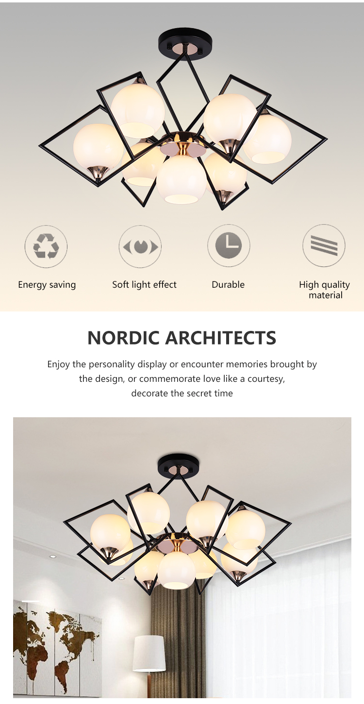 High Brightness Living Room Bedroom Glass Iron Modern E27 Chandelier Light