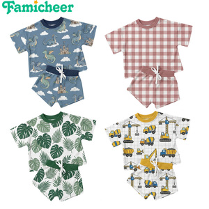 Ensemble pyjama pour bébés garçons et filles, imprimé multi-cartoons, t-shirt à manches courtes + short à cordon de serrage, tenue 2 pièces, OEM personnalisé, coton doux et respirant - Product Image 1
