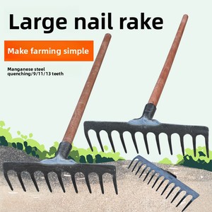 PINSHUN <b>Wooden</b> Handle Garden Rake Iron Nail Rake 13 Tines 1.2-1.4m Handle Length for Soil Loosening Beach Mud Leaf Grass - Product Image 2