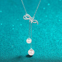Pendentif nœud papillon en argent sterling S925 avec moissanite et perle d'eau douce, chaîne de clavicule pour femme, bijoux fins de mariage, vente en gros