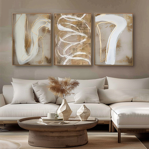 Peinture murale abstraite faite à la main en 3 parties pour <span class=keywords><strong>salon</strong></span>, art mural moderne en toile marron beige avec cadre pour décorations murales - Product Image 2