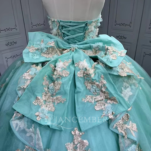 Gaun Pesta Jancember LSMU152 Hijau Mint Model Ball Gown Tanpa Tali dengan Hiasan Bunga 3D untuk Quinceanera dan Pernikahan dengan Pita di Belakang - Product Image 5