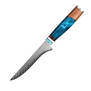 Couteau à désosser Jinniangzi 6 pouces en acier Damas |   Couteau à filet et à <span class=keywords><strong>viande</strong></span> en acier japonais |   Couteau à lame pleine avec manche en bois et résine bleue |   Vente en gros - Product Image 1