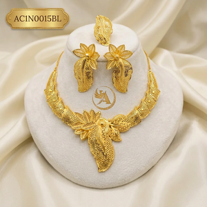 Classic Fashion Flower Box Chain Elegant Nigerian Wedding Gold Plated Leaf Necklace Earrings Ring Set - Product Image 1