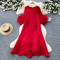 Robe décontractée pour femme WIWT, élégante, plissée, avec décor floral 3D, coupe ample en A, manches bouffantes, longueur mi-longue, pour les fêtes et le quotidien
