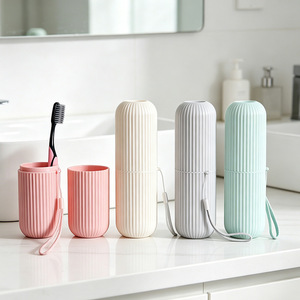 Estuche portátil de viaje para cepillo de dientes con rayas verticales, soporte para pasta de dientes y cepillo, vaso para enjuague bucal, vaso para enjuague, para viaje - Product Image 1