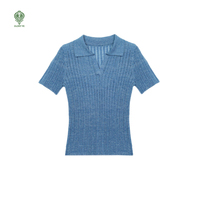 Großhandel Benutzerdefiniertes Logo Blauer Sommer Lässiger Kurzarm-Pullover mit Polokragen Leichter Slim-Fit Gerippter Leinen-Strickpullover für Damen