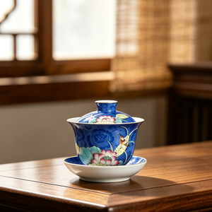 Gaiwan in Porcellana Ecologica Premium con Coperchio, Stile <span class=keywords><strong>Sgraffito</strong></span> Tradizionale Cinese, Motivo Loto Estivo, Resistente al Calore, con Vassoio RED LEAF - Product Image 1