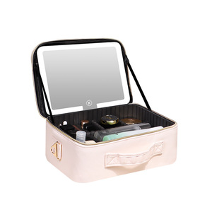 Bolsa de maquillaje con espejo cosmético, estuche de viaje portátil de gran capacidad con luz Led para almacenamiento en el hogar, cierre con cremallera de forma cuadrada - Product Image 3