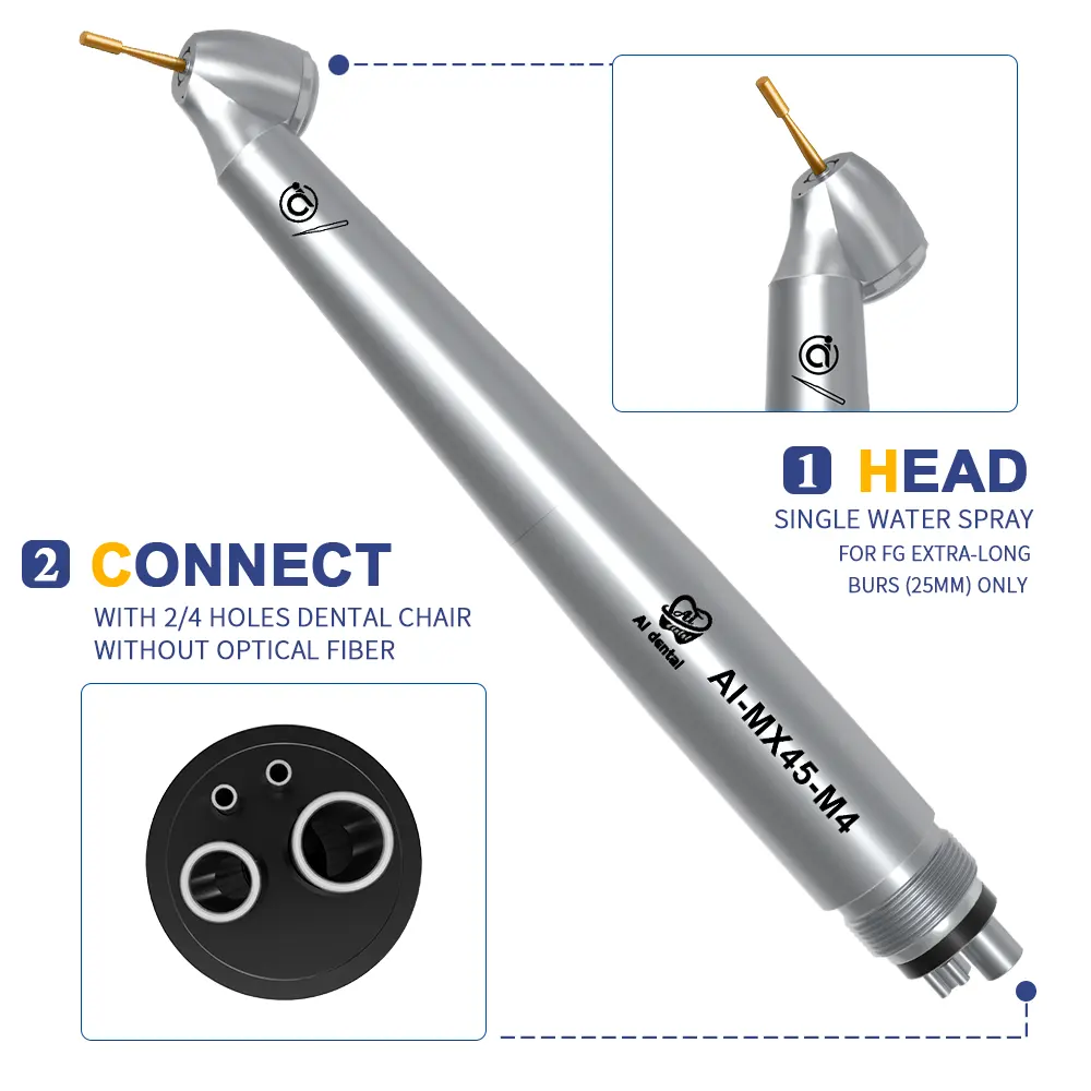 MX45 45 תואר זווית handpiece מהירות אוויר טורבינת לדחוף כפתור ראש אוויר עד שיניים מוצרים 4 חורים שיניים כיסא צינור צינור