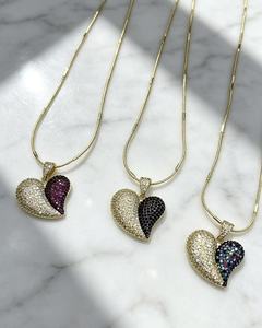 Collar de Corazón de Zirconia Bicolor Chapado en Oro al por Mayor de Fábrica, Colgante de Corazón con Cristales Pavé Multicolor, Joyería de Moda para Mujer - Product Image 3