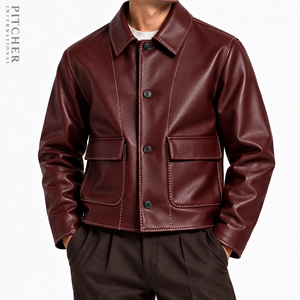 Mens Burgundy Leather Chore Jacket <b>Vintage</b> Button Up <b>Coat</b> with Contrast Stitching - Product Image 1