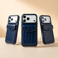 Étui de téléphone portefeuille vintage en cuir PU à texture crocodile, résistant aux chocs, avec poche pour cartes, bouton pression, protection pour iPhone 18