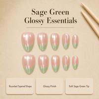 Y86 Kaixin Faux ongles à presser vert doux French Tip Cat Eyes, base rose nude, bordure French, Nail Art