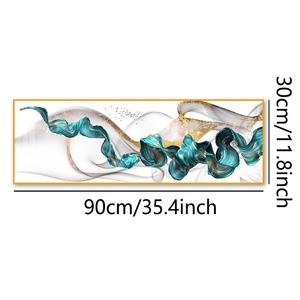 Arte de Pared de Porcelana con Cristales y Cinta Abstracta en Tonos Verde Azulado y Dorado - Pintura Panorámica de 90x30cm para Decoración de Dormitorio - Product Image 2