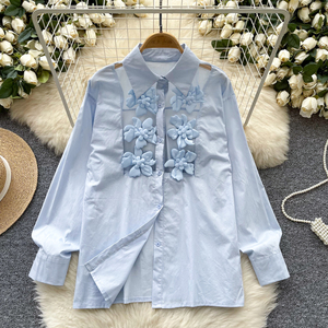 Chemise Femme Nouvelle Industrie Lourde Fleurs Avec Revers Sing-Breasted Top Blouses Femmes - Product Image 4