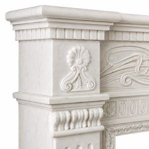 Chimenea tradicional de mármol con tallado ornamentado, de mármol blanco, para interiores, con estufa de leña para comedor. - Product Image 3