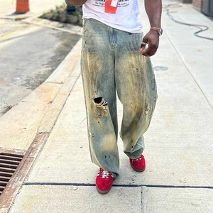 <span class=keywords><strong>Pantalones</strong></span> vaqueros viejos teñidos de barro sucio de moda popular con diseño roto <span class=keywords><strong>pantalones</strong></span> de pierna ancha sueltos de estilo callejero de primavera para hombres al por mayor - Product Image 3